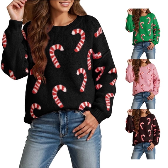 Unir Womens Sweaters, Pullover Sweaters For Women Christmas Sweater Candy Cane Print Crew Neck Oversized Knit Sweater LâXXXXXL Plus Size Friendly