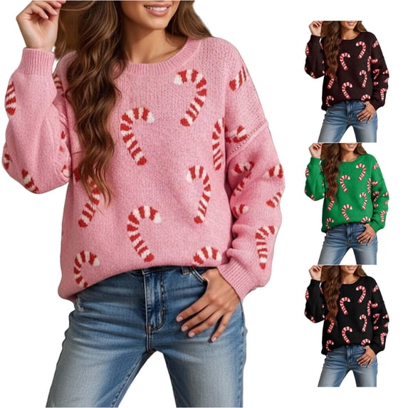 Unir Womens Sweaters, Pullover Sweaters For Women Christmas Sweater Candy Cane Print Crew Neck Oversized Knit Sweater LâXXXXXL Plus Size Friendly