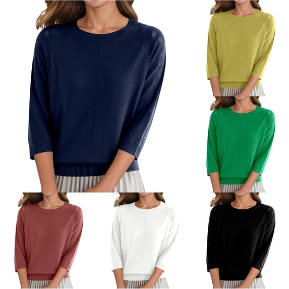 Unir Womens Sweaters, Pullover Sweaters For Women, Ladies Three Quarter Sleeve Crewneck Cotton Knit Top, Lightweight Solid Sweater S‑XXL, Plus Size Friendly