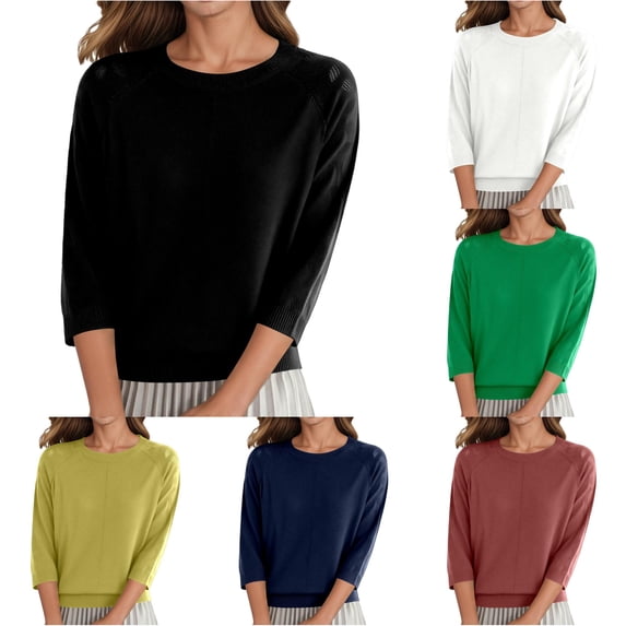 Unir Womens Sweaters, Pullover Sweaters For Women, Ladies Three Quarter Sleeve Crewneck Cotton Knit Top, Lightweight Solid Sweater S‑XXL, Plus Size Friendly