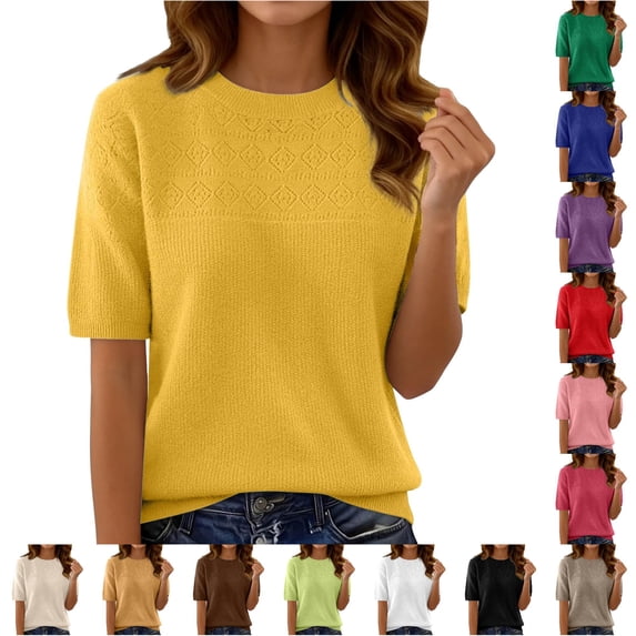 Unir Womens Sweaters, Sweater Tops For Women, Crew Neck Diamond Cutout Short Sleeve Knit Pullover Sweater, Lightweight Solid Knitwear, S‑XXL, Plus Size Friendly