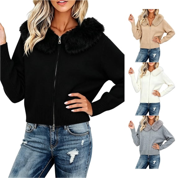 Unir Womens Sweaters, Zip Front Knit Cardigan Sweater, Furry Faux Fur Collar Long Sleeve Jacket, Fall Sweaters For Women S‑M
