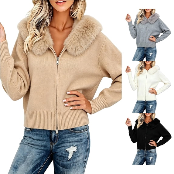 Unir Womens Sweaters, Zip Front Knit Cardigan Sweater, Furry Faux Fur Collar Long Sleeve Jacket, Fall Sweaters For Women S‑M