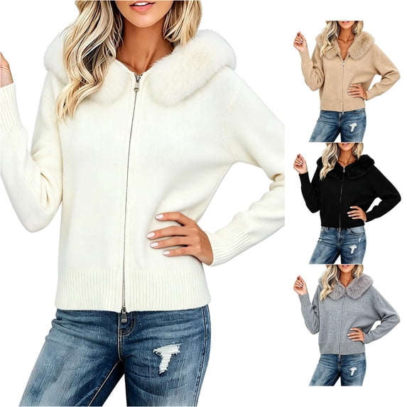 Unir Womens Sweaters, Zip Front Knit Cardigan Sweater, Furry Faux Fur Collar Long Sleeve Jacket, Fall Sweaters For Women S‑M