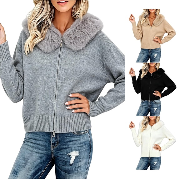 Unir Womens Sweaters, Zip Front Knit Cardigan Sweater, Furry Faux Fur Collar Long Sleeve Jacket, Fall Sweaters For Women S‑M