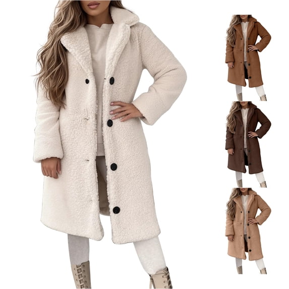 Unir Womens Thick Cotton Blend Sherpa Long Coat Button Front Lapel Teddy Jacket Warm Cold Weather Outerwear Easy Care Daily Overcoat 1 Count S-XXL Plus Size Friendly