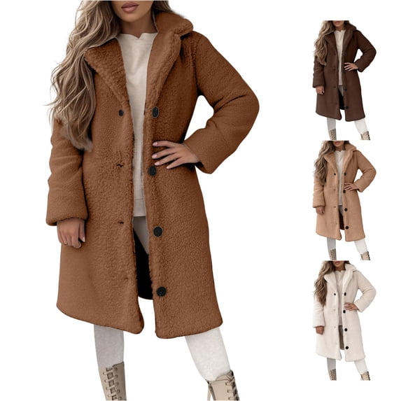Unir Womens Thick Cotton Blend Sherpa Long Coat Button Front Lapel Teddy Jacket Warm Cold Weather Outerwear Easy Care Daily Overcoat 1 Count S-XXL Plus Size Friendly