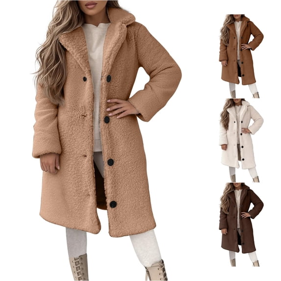 Unir Womens Thick Cotton Blend Sherpa Long Coat Button Front Lapel Teddy Jacket Warm Cold Weather Outerwear Easy Care Daily Overcoat 1 Count S-XXL Plus Size Friendly