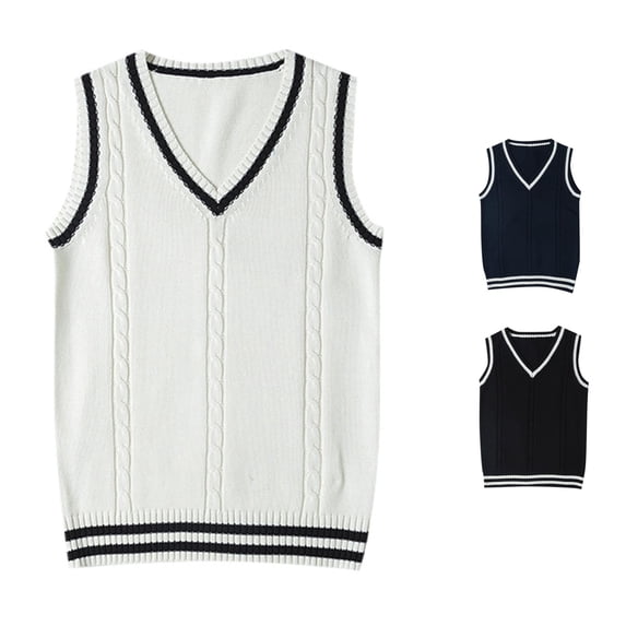 Unir Womens Vests British School Style Cable Knit V Neck Striped Cotton Sleeveless Pullover Sweater Vest Basic Daily Waistcoat S-XXL Cozy Wear 1Pc