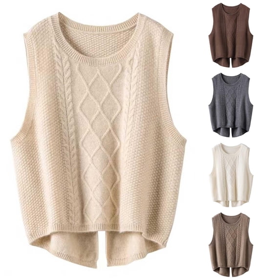 Unir Womens Vests Casual Solid Cable Knit Crew Neck Cropped Split Hem Polyester Sleeveless Sweater Vest Daily Basic Waistcoat S-XXL Cozy Wear 1Pc
