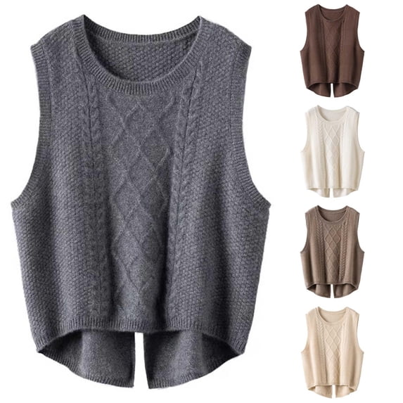 Unir Womens Vests Casual Solid Cable Knit Crew Neck Cropped Split Hem Polyester Sleeveless Sweater Vest Daily Basic Waistcoat S-XXL Cozy Wear 1Pc