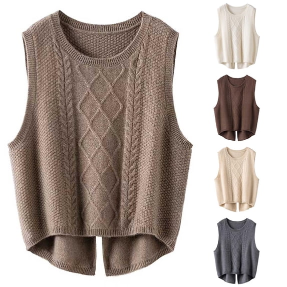 Unir Womens Vests Casual Solid Cable Knit Crew Neck Cropped Split Hem Polyester Sleeveless Sweater Vest Daily Basic Waistcoat S-XXL Cozy Wear 1Pc