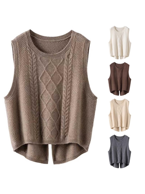 Womens Vests Casual Solid Cable Knit Crew Neck Cropped Split Hem Polyester Sleeveless Sweater Vest Daily Basic Waistcoat S-XXL Cozy Wear 1Pc