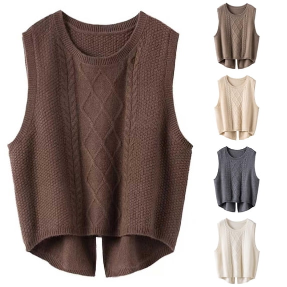 Unir Womens Vests Casual Solid Cable Knit Crew Neck Cropped Split Hem Polyester Sleeveless Sweater Vest Daily Basic Waistcoat S-XXL Cozy Wear 1Pc