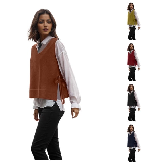 Unir Womens Vests Solid Knit V Neck Sleeveless Side Tie Pullover Cropped Sweater Vest S M L XL Basic Daily Warm Layering Top 1Pc