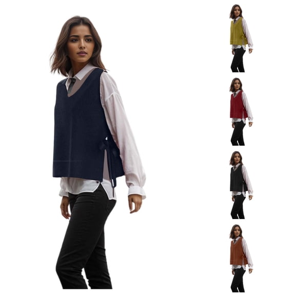 Unir Womens Vests Solid Knit V Neck Sleeveless Side Tie Pullover Cropped Sweater Vest S M L XL Basic Daily Warm Layering Top 1Pc