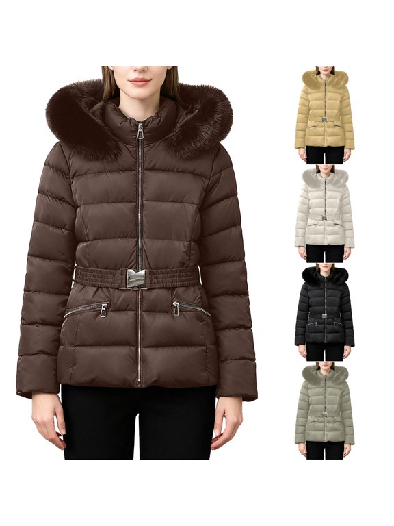 Womens Winter Coats, Belted Hooded Puffer Coat for Women, Horizontal Quilted ZipâUp Thermal Outerwear, Short Fitted Cut, MâXXXL, Plus Size Friendly ColdâWeather Jacket