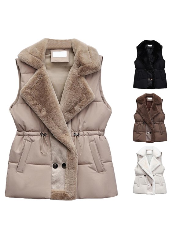 Womens Winter Coats, Faux Fur Lapel Sleeveless Quilted Layering Outerwear, Cinched Waist Nylon Spandex Puffer Piece, 1‑Pack, M‑XL True to Size