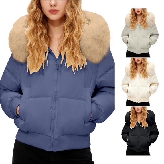 Unir Womens Winter Coats, Quilted Jackets For Women, Cropped Puffer Jacket With Faux Fur Hood, Zip Up Short Winter Outerwear, S‑XL