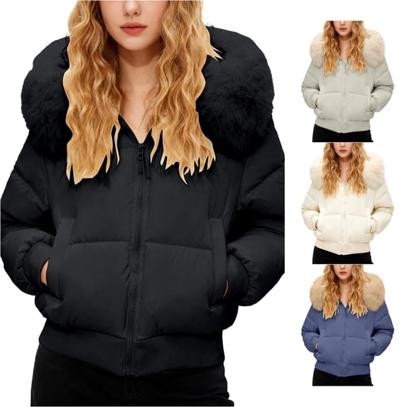 Unir Womens Winter Coats, Quilted Jackets For Women, Cropped Puffer Jacket With Faux Fur Hood, Zip Up Short Winter Outerwear, S‑XL