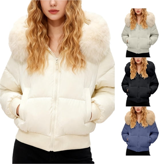 Unir Womens Winter Coats, Quilted Jackets For Women, Cropped Puffer Jacket With Faux Fur Hood, Zip Up Short Winter Outerwear, S‑XL