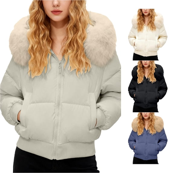 Unir Womens Winter Coats, Quilted Jackets For Women, Cropped Puffer Jacket With Faux Fur Hood, Zip Up Short Winter Outerwear, S‑XL