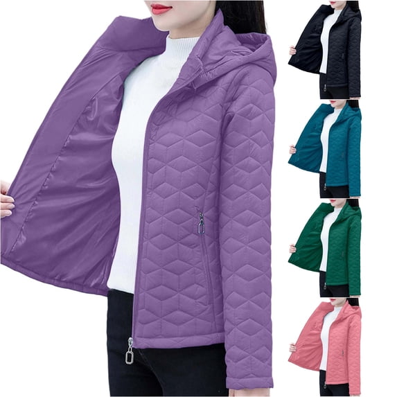 Unir Womens Winter Coats, Quilted Jackets For Women, Hooded Zip Front Puffer Jacket, Lightweight Nylon Thermal Outerwear, Zip Security Pockets, M‑XXL, Plus Size Friendly