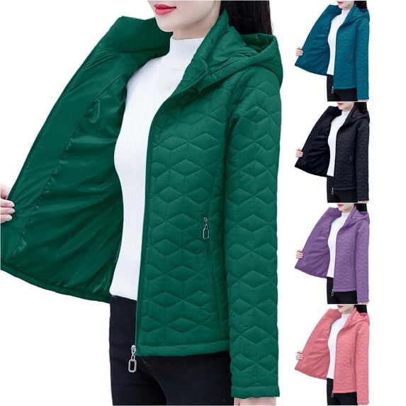 Unir Womens Winter Coats, Quilted Jackets For Women, Hooded Zip Front Puffer Jacket, Lightweight Nylon Thermal Outerwear, Zip Security Pockets, M‑XXL, Plus Size Friendly