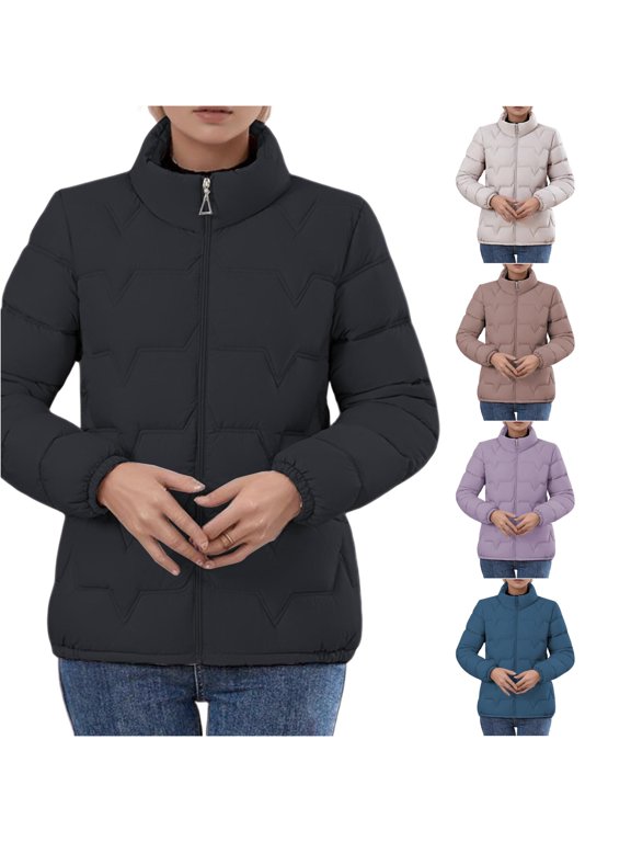 Womens Winter Coats, Winter Jackets For Women, Short Chevron‑Quilt Puffer Coat, Stand‑Collar Zip‑Up Lightweight Outerwear, XL‑XXXXXL, Plus Size Friendly