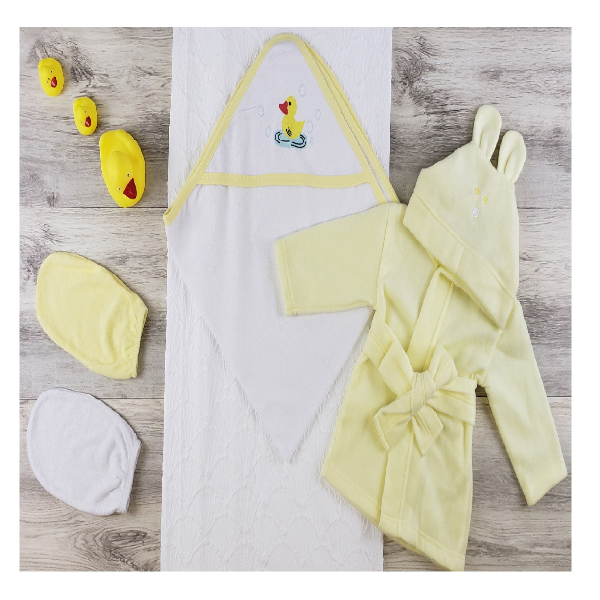 Unisex Yellow and White Hooded Cotton Washcloth Set for Newborns