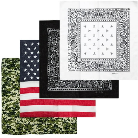 Unisex 100% Cotton Multi-Purpose Bandana Head Wrap Multi-Packs, Digi Camo / USA / Black / White, 4 Pieces