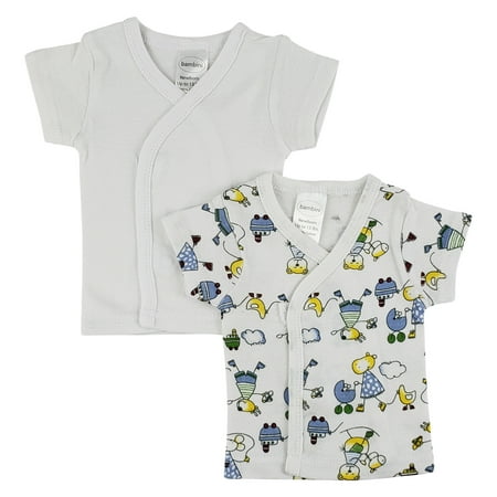 2-Piece White and Blue Side Snap Short Sleeve Shirts for Newborn, 8"