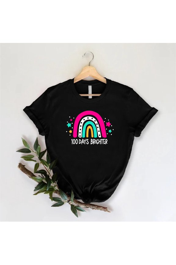 Unisex 100 Days Brighter Rainbow School T-Shirt Cotton Graphic Tee-All Size S-5Xl