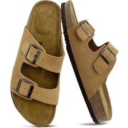Unisex 100% Genuine Suede Summer Sandals, Arch Support Cork Footbed Slide Sandal with Double Adjustable Buckle Slip On Shoes for Women Men