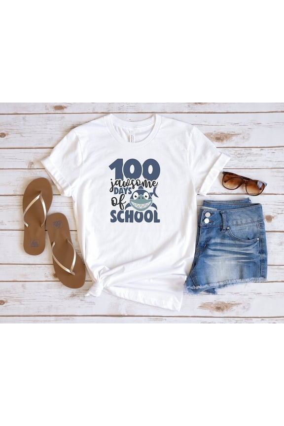 Unisex 100 Jawsome Days Of School Shark T-Shirt Cotton Graphic Tee-All Size S-5Xl
