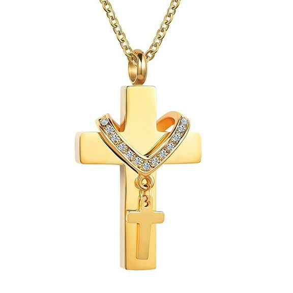 Unisex 14K White Gold Cremation Double Cross Pendant Necklace for Ashes Memorial Keepsake Jewelry Gift
