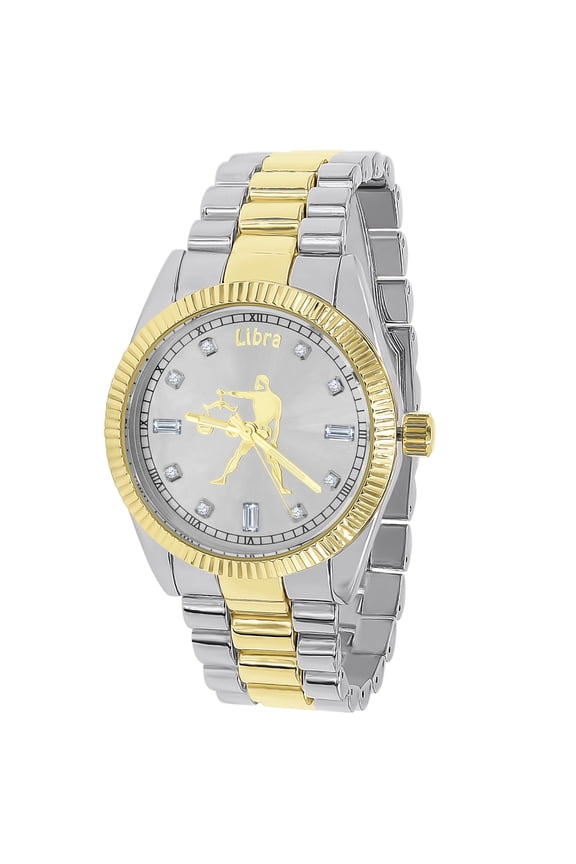 Unisex 18K 2 Tone Gold Tone Libra Scales Zodiac Sign Astrology Metal Band Custom Watch