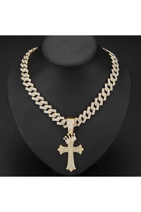 Unisex 18K Gold Plated Alloy Cuban Link Chain Necklace Sparkling CZ Crown Cross Pendant Hip Hop Statement Jewelry for Men Women Daily Wear