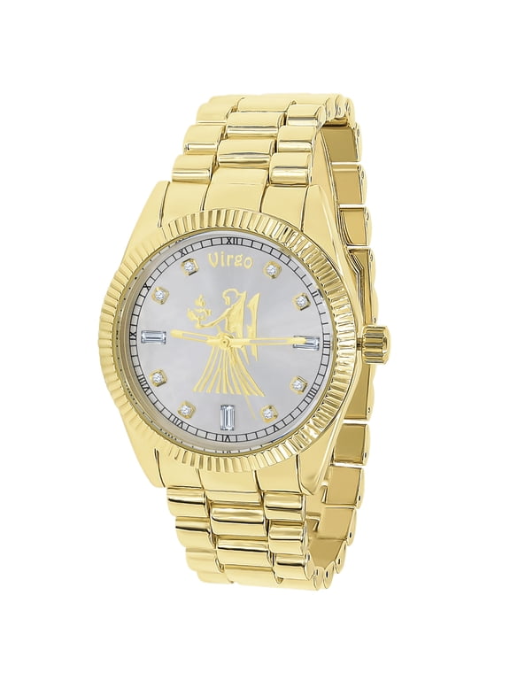 Unisex 18K Gold Tone Virgo Maiden Zodiac Sign Astrology Metal Band Custom Watch