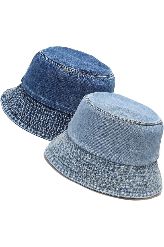 Unisex 2 Pack Denim Bucket Hat Packable Cotton Beach Sun Hat for Men Women