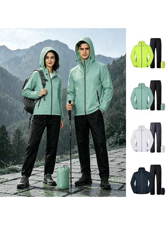 Unisex 2-Piece Waterproof Rain Suit – Breathable Packable Hooded Jacket & PantsLightweight Windbreaker for Men & WomenHiking Camping Outdoor Size M