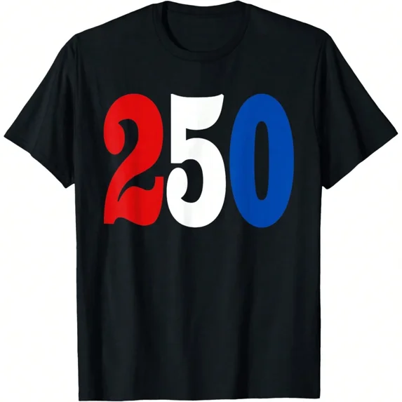 Unisex 250 Number Graphic T-Shirt Red White Blue Patriotic Short Sleeve Cotton Tee