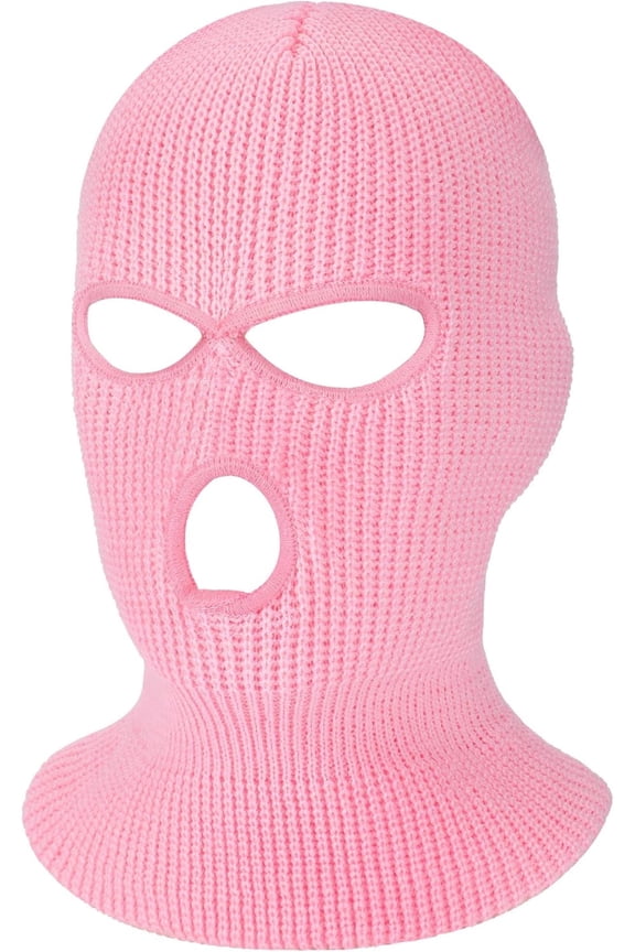 Unisex 3-Hole Knitted Ski Mask Full Face Cover - Warm Winter Balaclava Neck Gaiter, Soft Polyester Cotton, Adjustable Beanie for Skiing, Snowboarding, Cycling, Hiking (Pink)