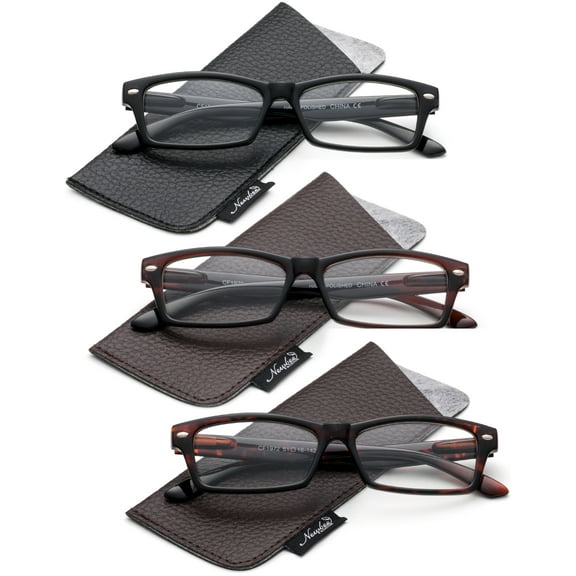 Unisex 3 Value Pack Reading Glasses with Carrying Pouch Black Brown& Tortoise High Quality Durable Frame Comfortable Fit with Pin on Frame Spring Hinged Reader 2.00