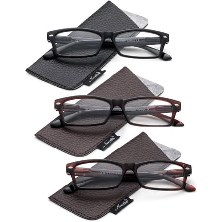 Unisex 3 Value Pack Reading Glasses with Carrying Pouch Black Brown& Tortoise High Quality Durable Frame Comfortable Fit with Pin on Frame Spring Hinged Reader 1.75