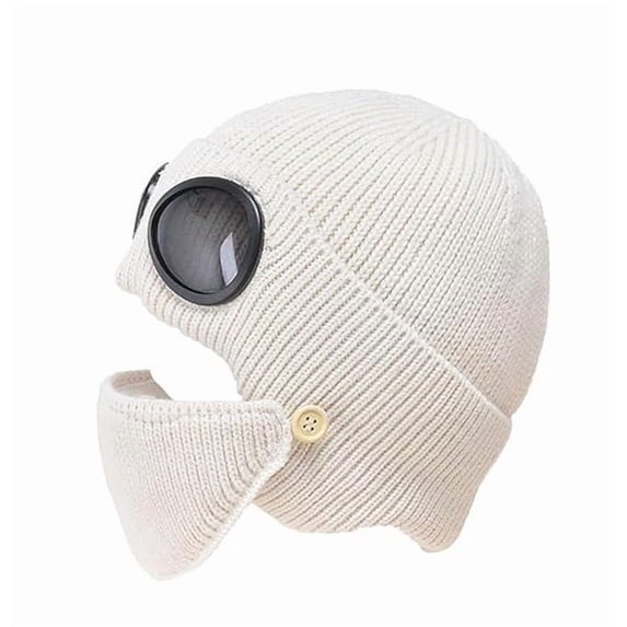 Unisex 3-in-1 Winter Ski Hat with Detachable Mask Goggles, Soft Knitted Thermal Headwear, Warm Comfortable Protection for Ski Snowboarding Cold Weather Outdoor,Beige