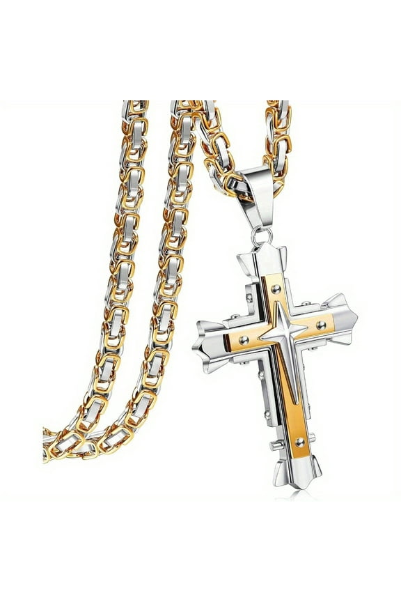 Unisex 316L stainless steel cross pendant necklace, stylish and charming - durable titanium steel uncoated chain - 1 Byzantine necklace, without inlay,1