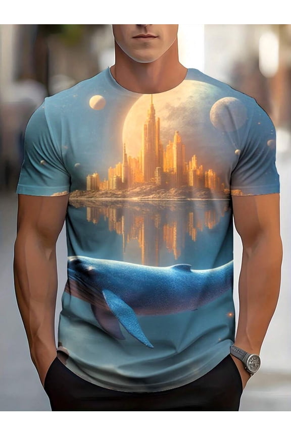 Unisex 3D Full Print Short Sleeve T-Shirt - Men's 3D Whale And City Future Pattern T-Shirt - Soft Fabric, Whale And City Skyline Print, Round Neck Casual T-Shirt For All Seasons