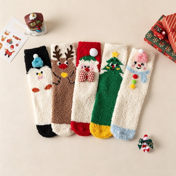 Unisex 3D Reindeer Christmas Fuzzy Mid‑Calf Socks for Men & Women, Soft Coral Fleece Festive Holiday Decor Socks, Warm Thermal Plush Cozy Indoor Sleep Socks