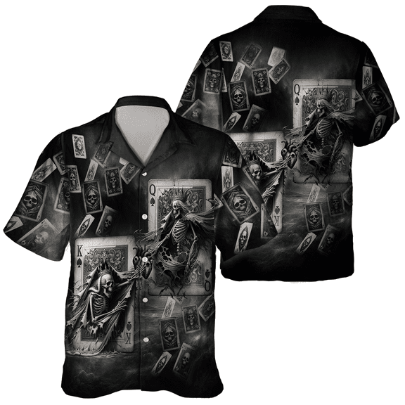 Unisex 3D Skull Poker Couple King and Queen Print Hawaiian Shirt For Men and Women Summer Button Down Short Sleeve